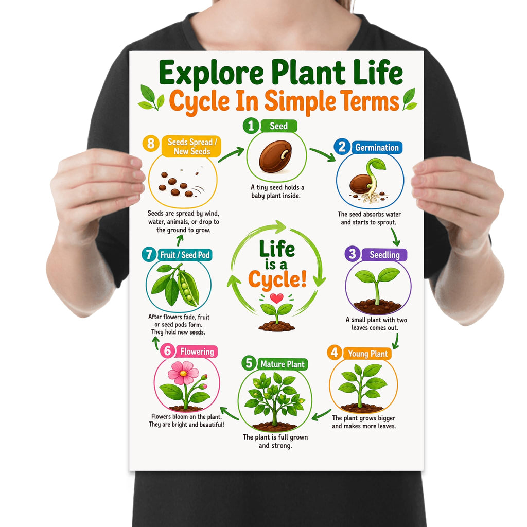 Plant Life Cycle poster with eight numbered growing stages arranged in a circle held by a person for scale