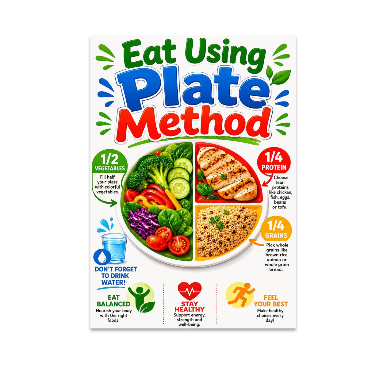 Eat Using Plate Method poster with a divided plate of vegetables, protein and grains in bright colors