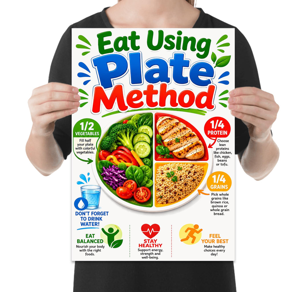 Eat Using Plate Method poster with a divided plate of vegetables, protein and grains in bright colors, shown held for scale