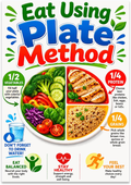 Eat Using Plate Method poster with a divided plate of vegetables, protein and grains in bright colors