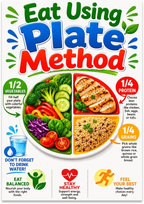 Eat Using Plate Method poster with a divided plate of vegetables, protein and grains in bright colors