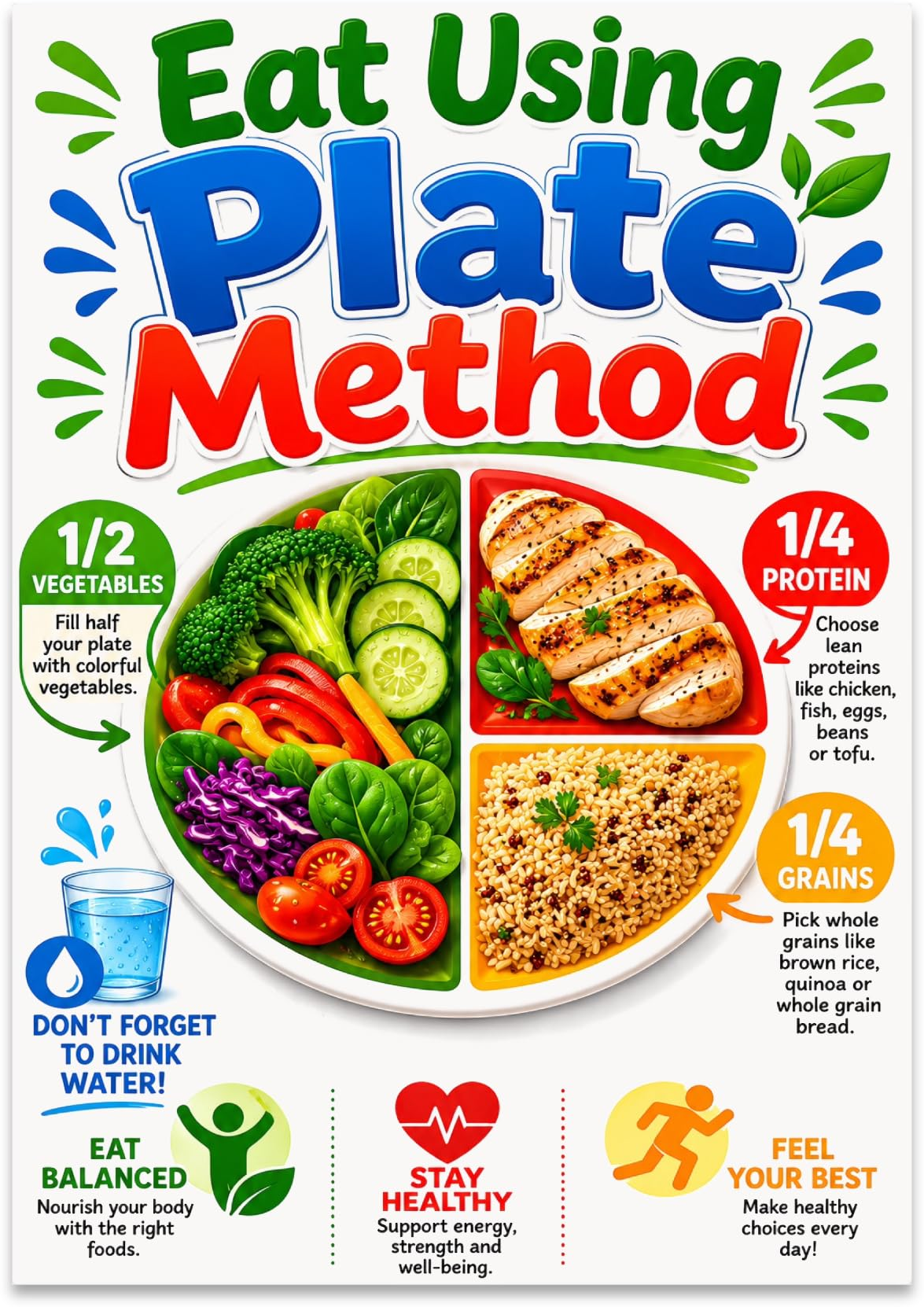 Eat Using Plate Method poster with a divided plate of vegetables, protein and grains in bright colors