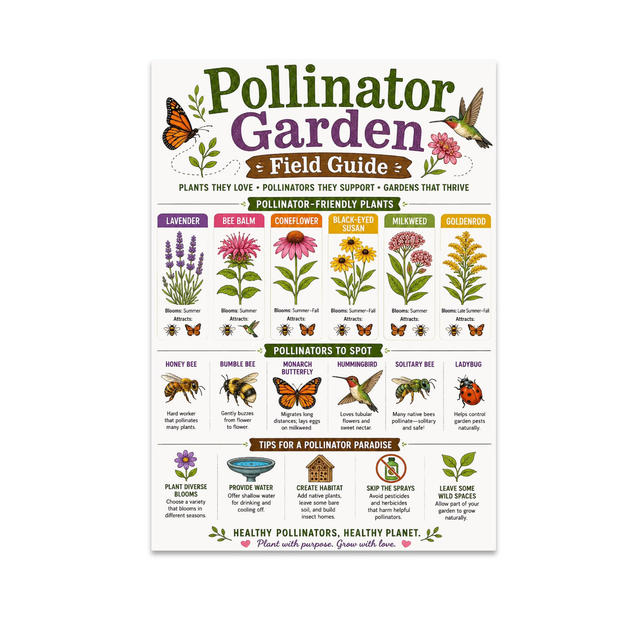 Pollinator Garden Field Guide poster with illustrated flowers, butterflies, bees, and garden habitat ideas