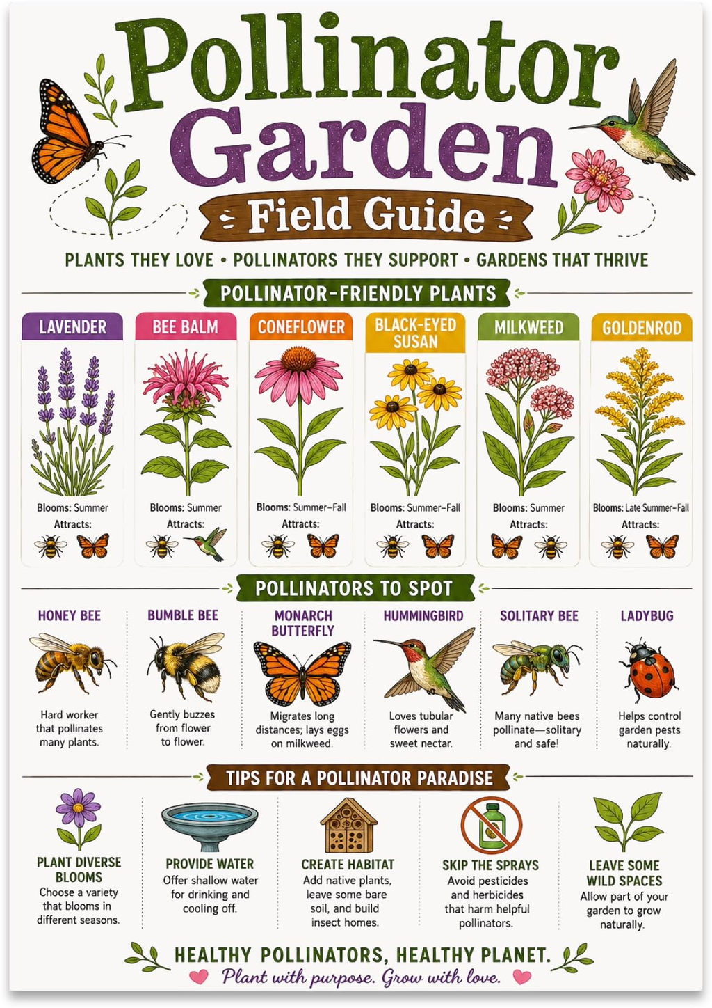 Pollinator Garden Field Guide poster with illustrated flowers, butterflies, bees, and garden habitat ideas