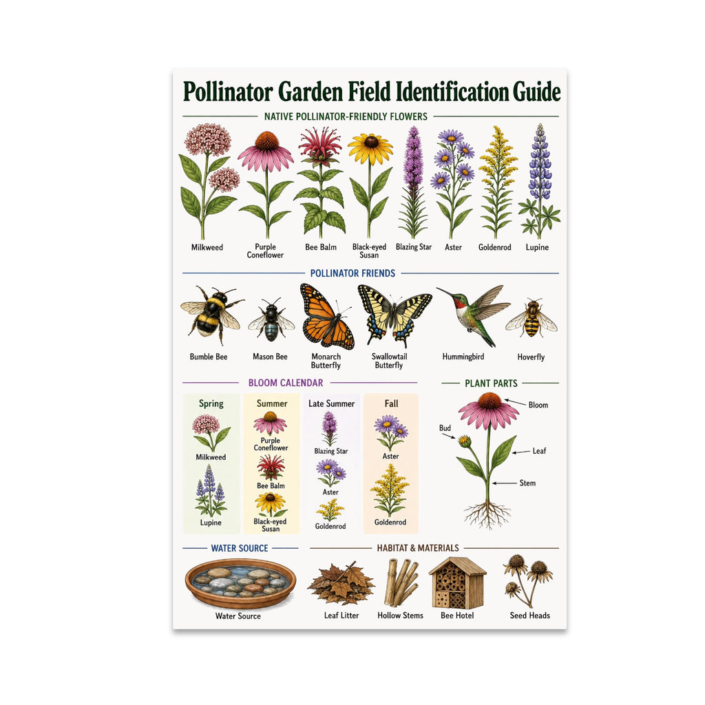 Pollinator Garden Field Identification Guide poster with flowers, bees, butterflies, hummingbird, and habitat illustrations