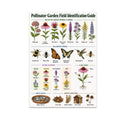 Pollinator Garden Field Identification Guide poster with flowers, bees, butterflies, hummingbird, and habitat illustrations