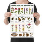Pollinator Garden Field Identification Guide poster with flowers, bees, butterflies, hummingbird, and habitat illustrations held by a person for scale
