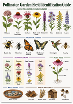 Pollinator Garden Field Identification Guide poster with flowers, bees, butterflies, hummingbird, and habitat illustrations