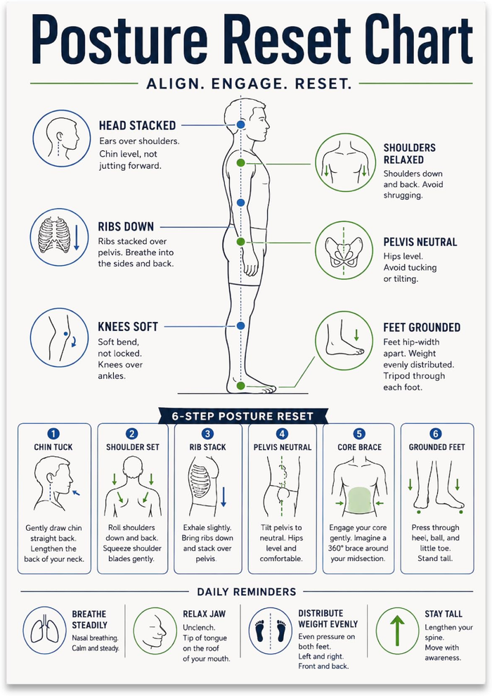 Posture Reset Chart with a standing figure, alignment callouts, and six illustrated posture cues