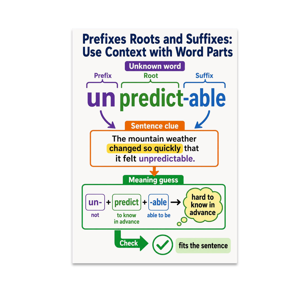 Prefixes Roots and Suffixes poster breaking unpredictable into color-coded word parts and sentence context