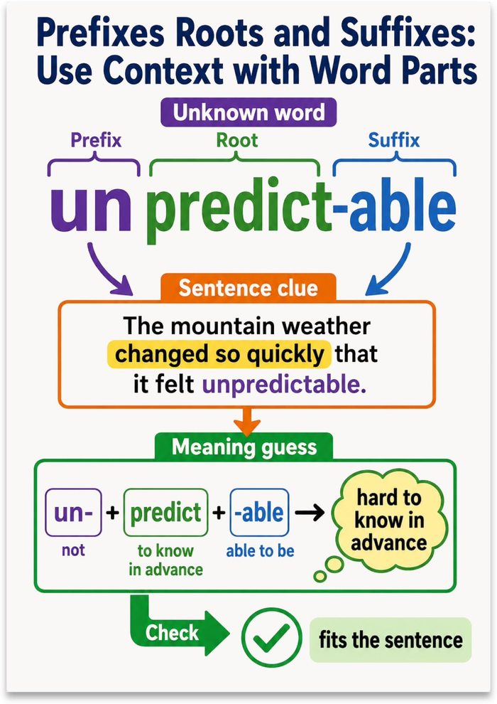 Prefixes Roots and Suffixes poster breaking unpredictable into color-coded word parts and sentence context