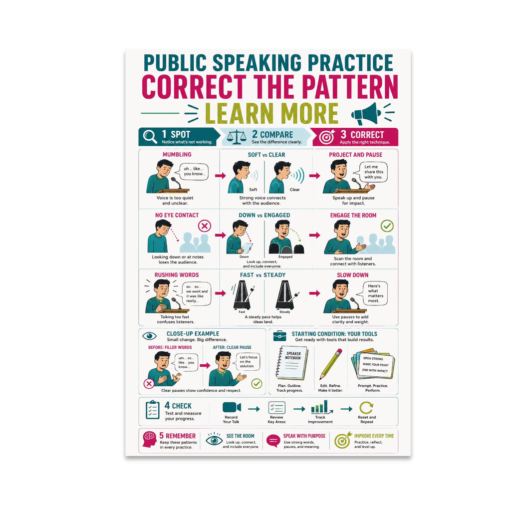 Public Speaking Practice poster with three colored columns and illustrated speech-practice examples