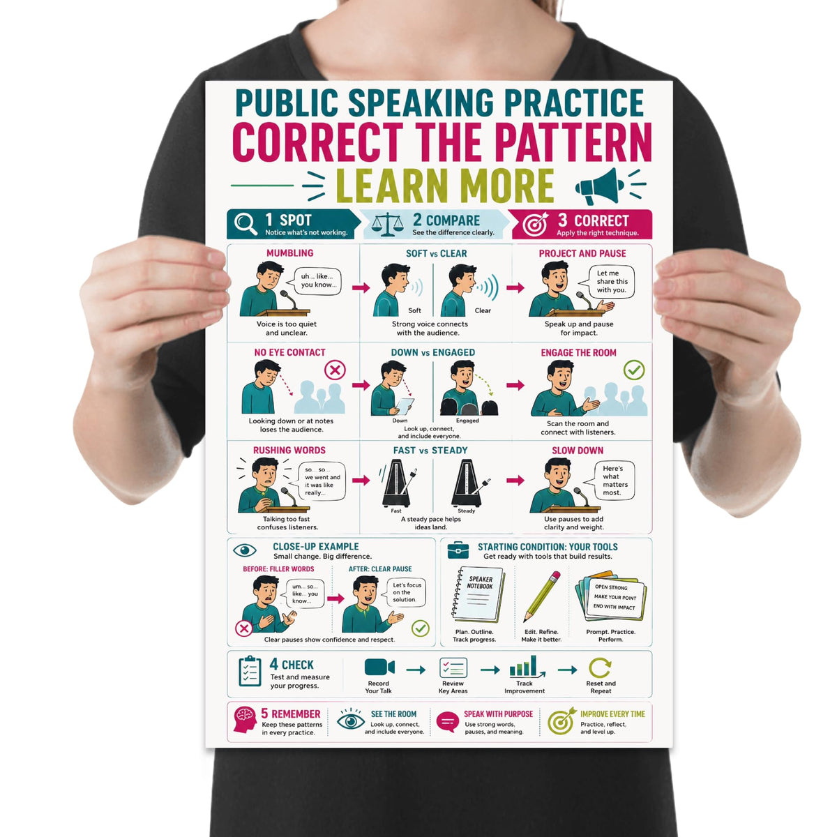 Person holding the public speaking practice poster to show its layout