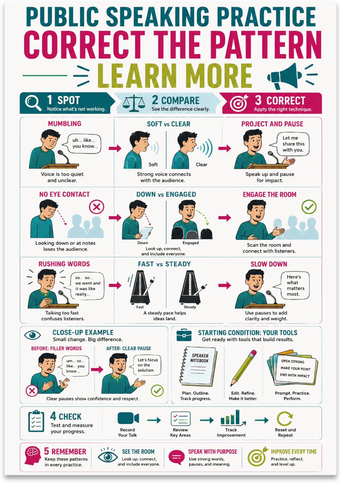 Public Speaking Practice poster with three colored columns and illustrated speech-practice examples