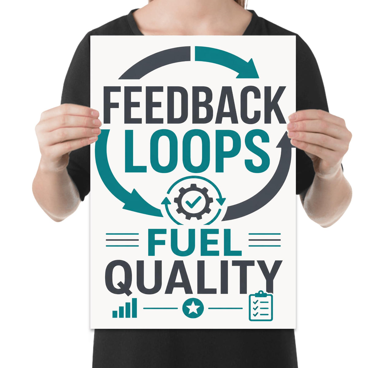 Feedback Loops Fuel Quality poster with teal and charcoal circular arrows held by a person for scale