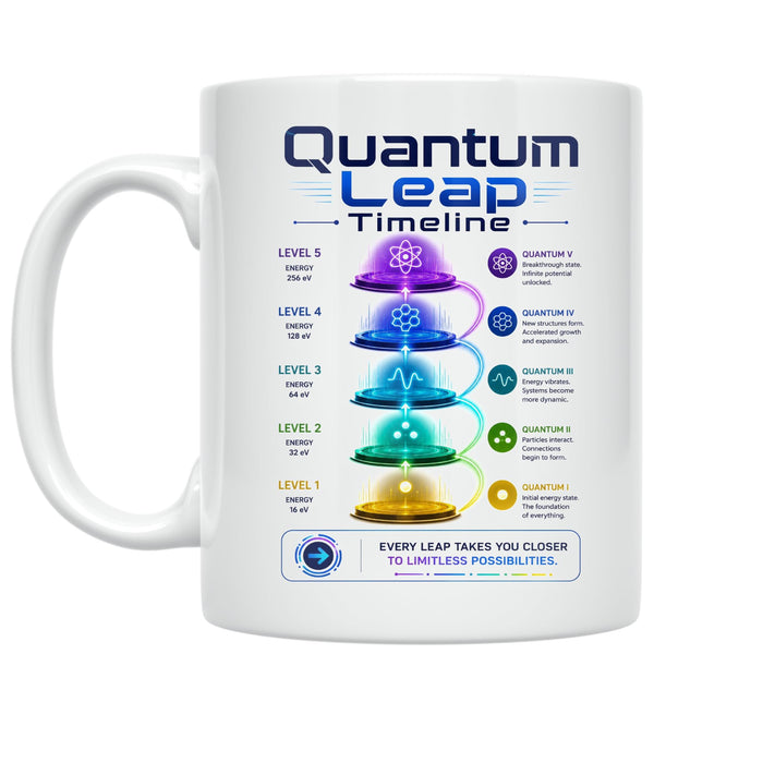 White Quantum Leap Timeline mug with glowing multicolored platforms, atom-inspired symbols and futuristic lettering