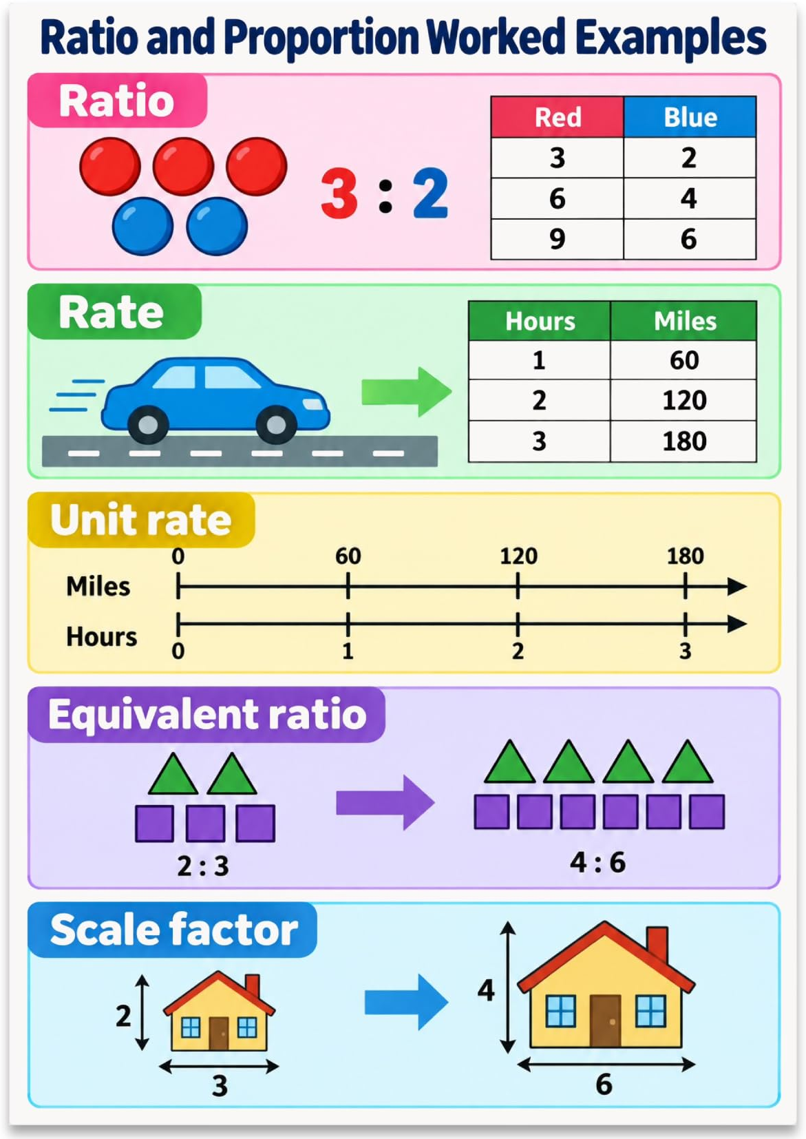 Ratio and Proportion Worked Examples poster with ratios, rates, a double number line, equivalent ratios and scale factor