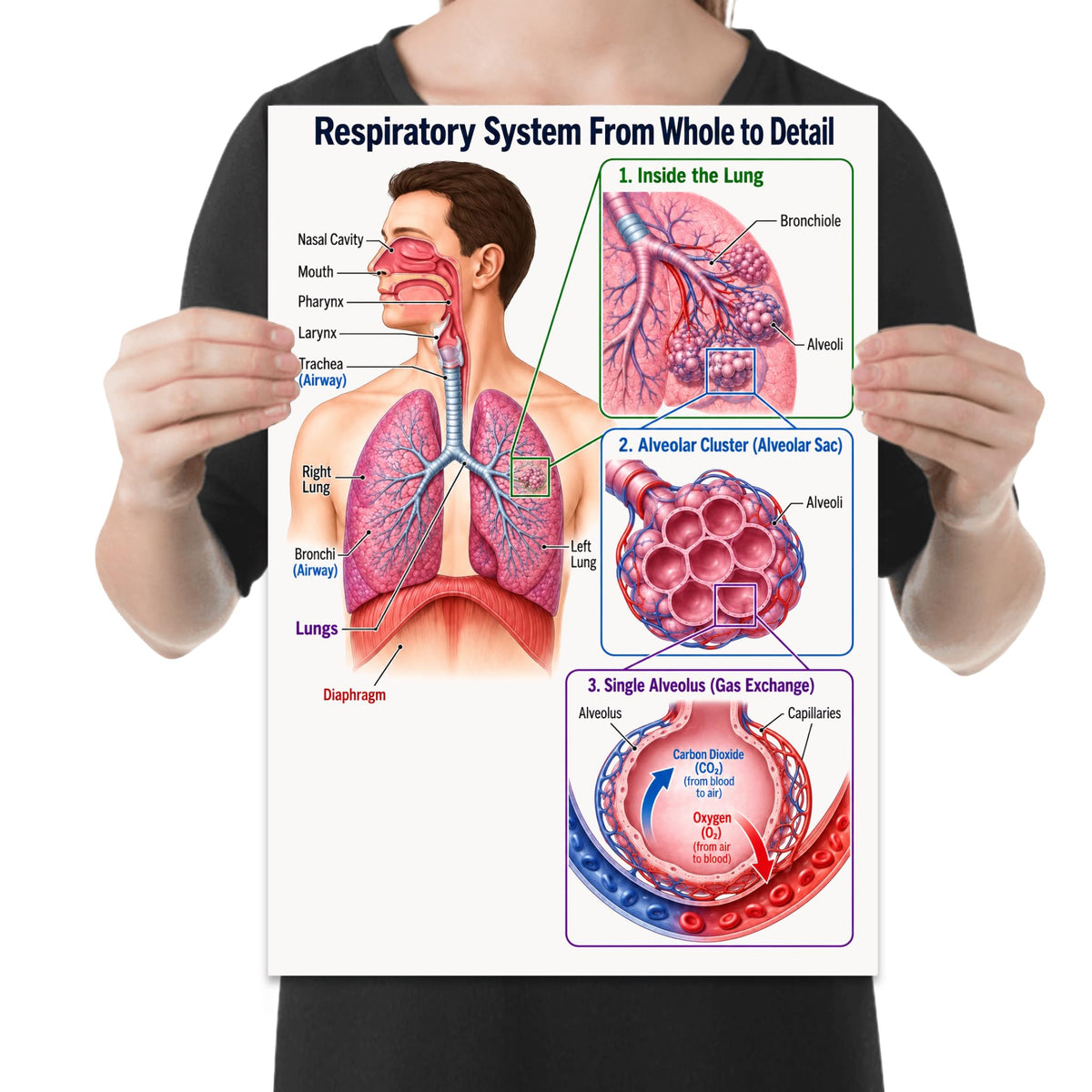 Respiratory System From Whole to Detail poster with lungs, airways, and three alveolar detail insets held by a person for scale