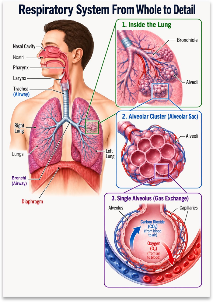 Respiratory System From Whole to Detail poster with lungs, airways, and three alveolar detail insets