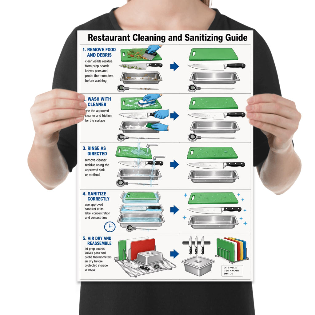 Person holding the restaurant cleaning & sanitizing guide poster to show its layout