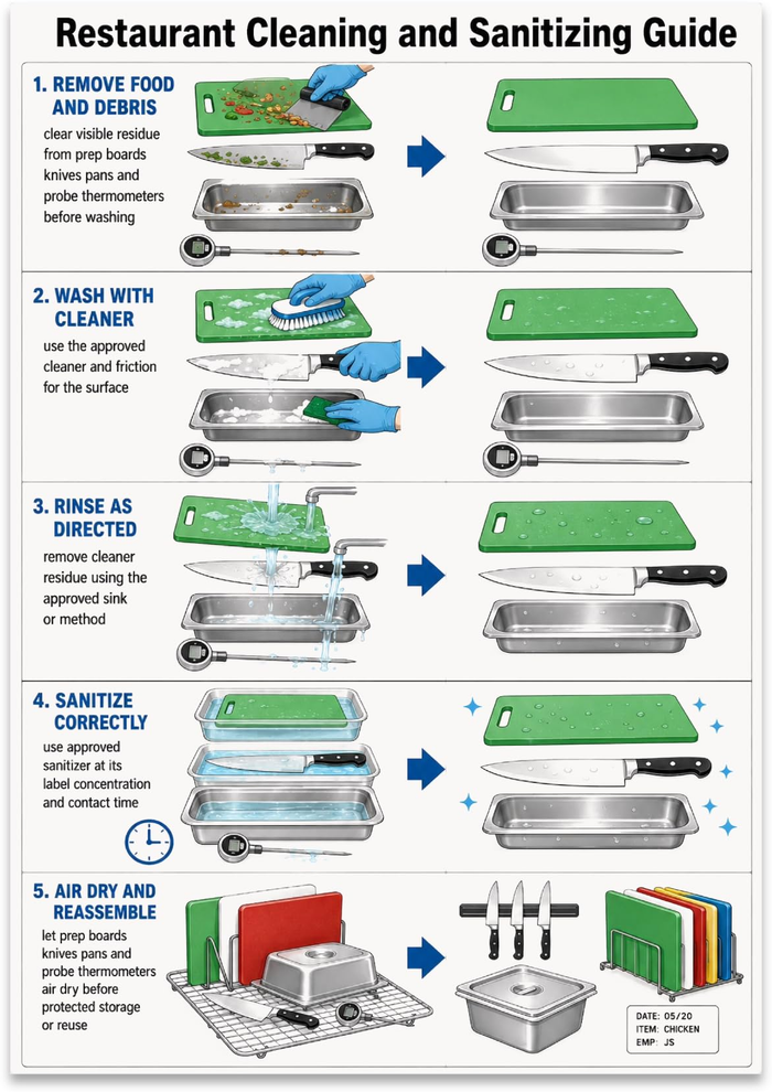 Restaurant cleaning and sanitizing poster illustrating five stages with cutting boards, knives, and pans