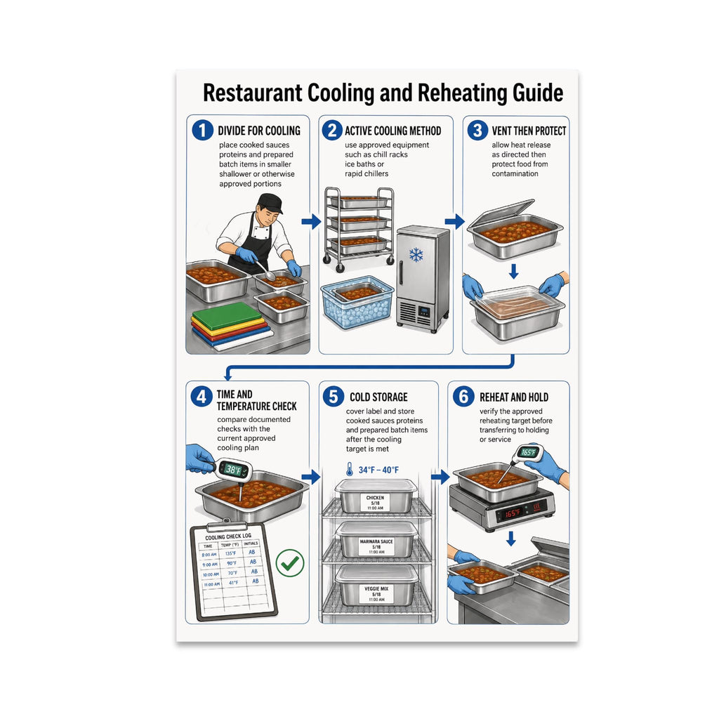 Restaurant Cooling and Reheating Guide poster with six illustrated kitchen workflow panels