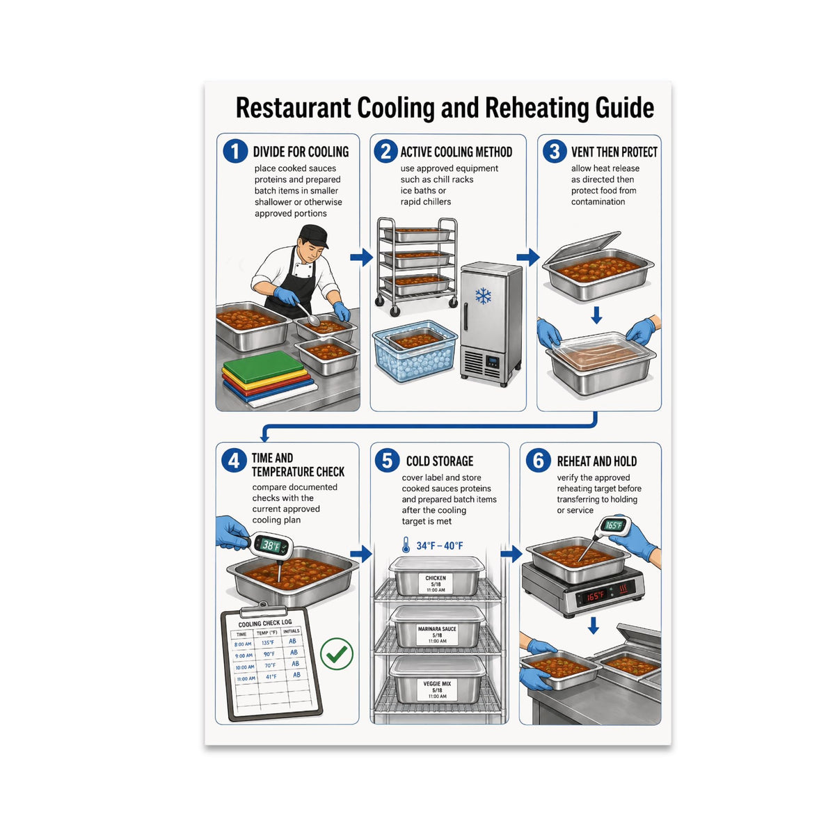 Restaurant Cooling and Reheating Guide poster with six illustrated kitchen workflow panels