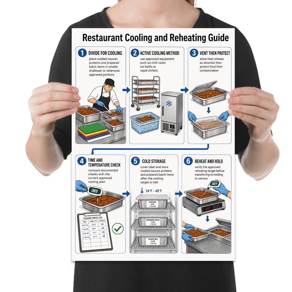 Restaurant Cooling and Reheating Guide poster with six illustrated kitchen workflow panels held by a person for scale