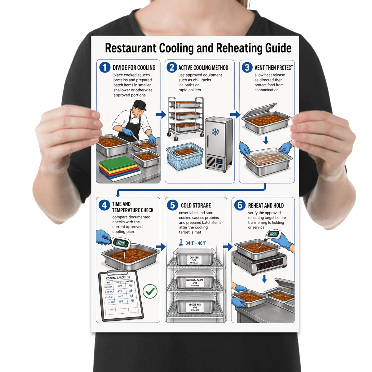 Restaurant Cooling and Reheating Guide poster with six illustrated kitchen workflow panels held by a person for scale
