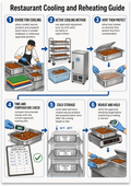 Restaurant Cooling and Reheating Guide poster with six illustrated kitchen workflow panels