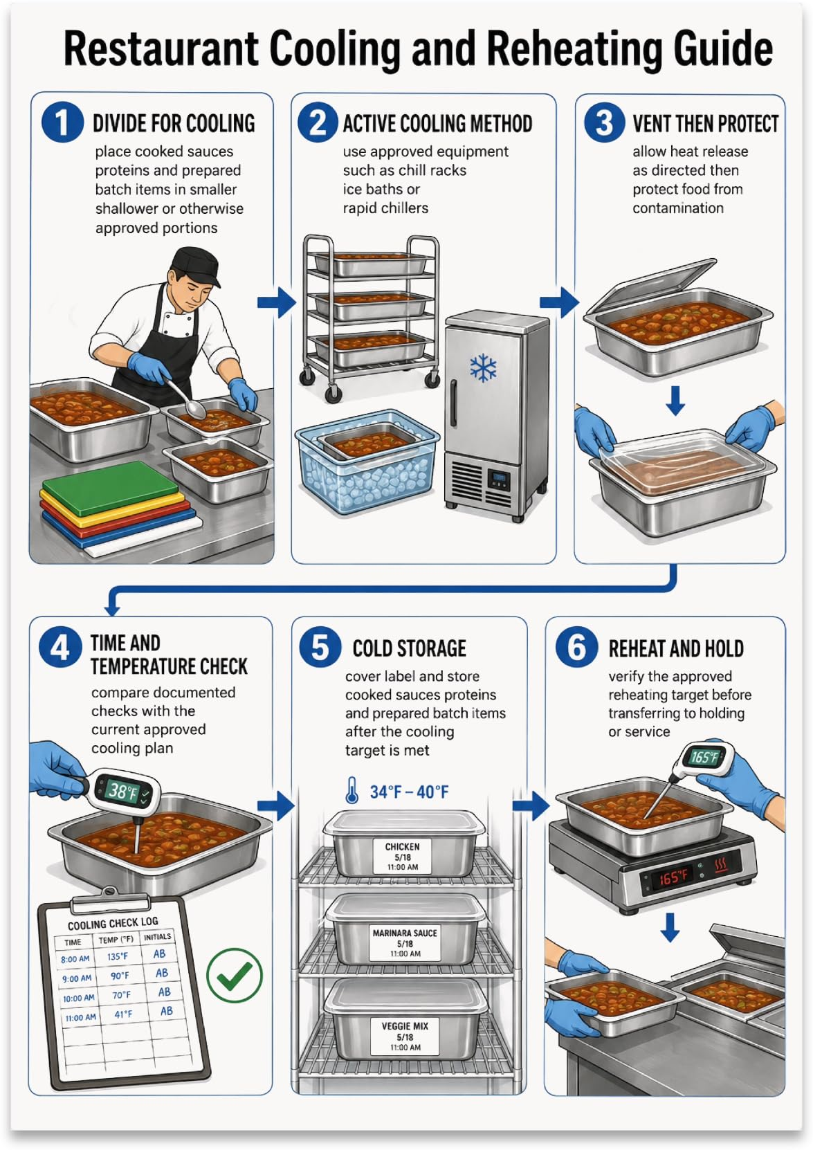 Restaurant Cooling and Reheating Guide poster with six illustrated kitchen workflow panels