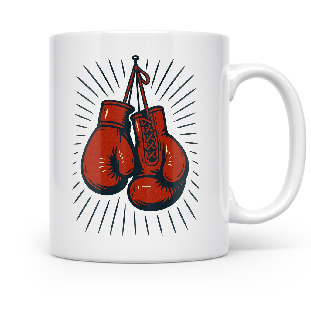 White ceramic mug with red boxing gloves and black vintage-style sunburst lines shown from the opposite handle side