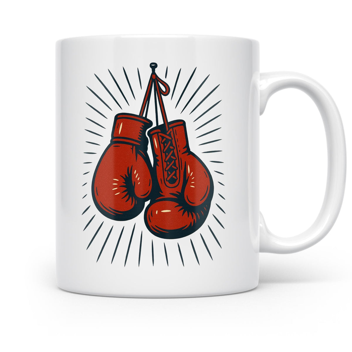White ceramic mug with red boxing gloves and black vintage-style sunburst lines shown from the opposite handle side