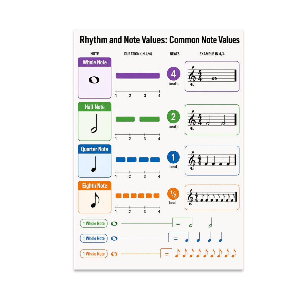 Rhythm and Note Values poster with colored rows for whole, half, quarter, and eighth notes
