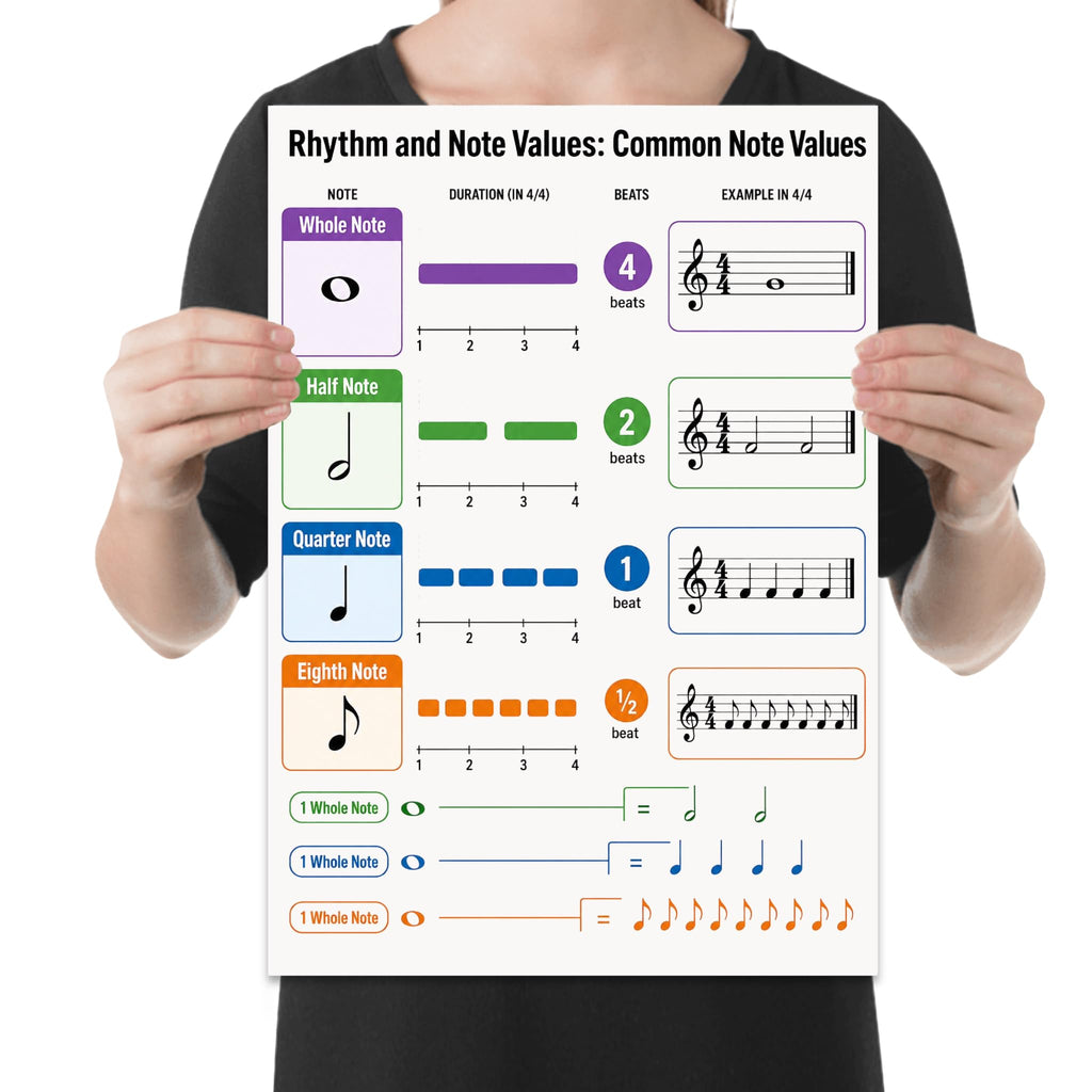 Person holding the rhythm & note values music poster to show its layout