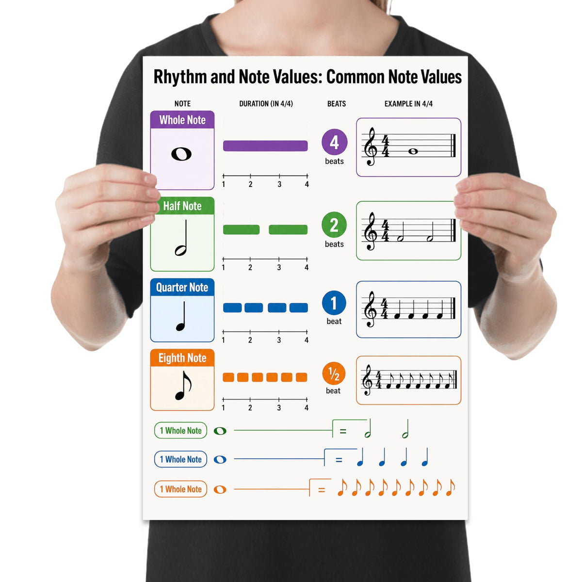 Person holding the rhythm & note values music poster to show its layout