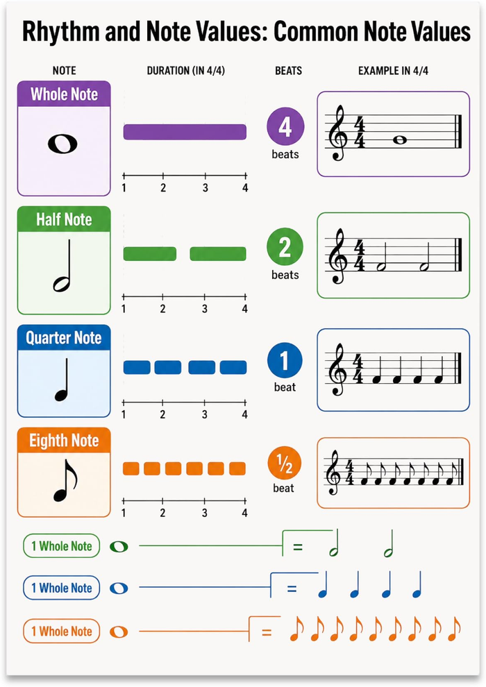 Rhythm and Note Values poster with colored rows for whole, half, quarter, and eighth notes