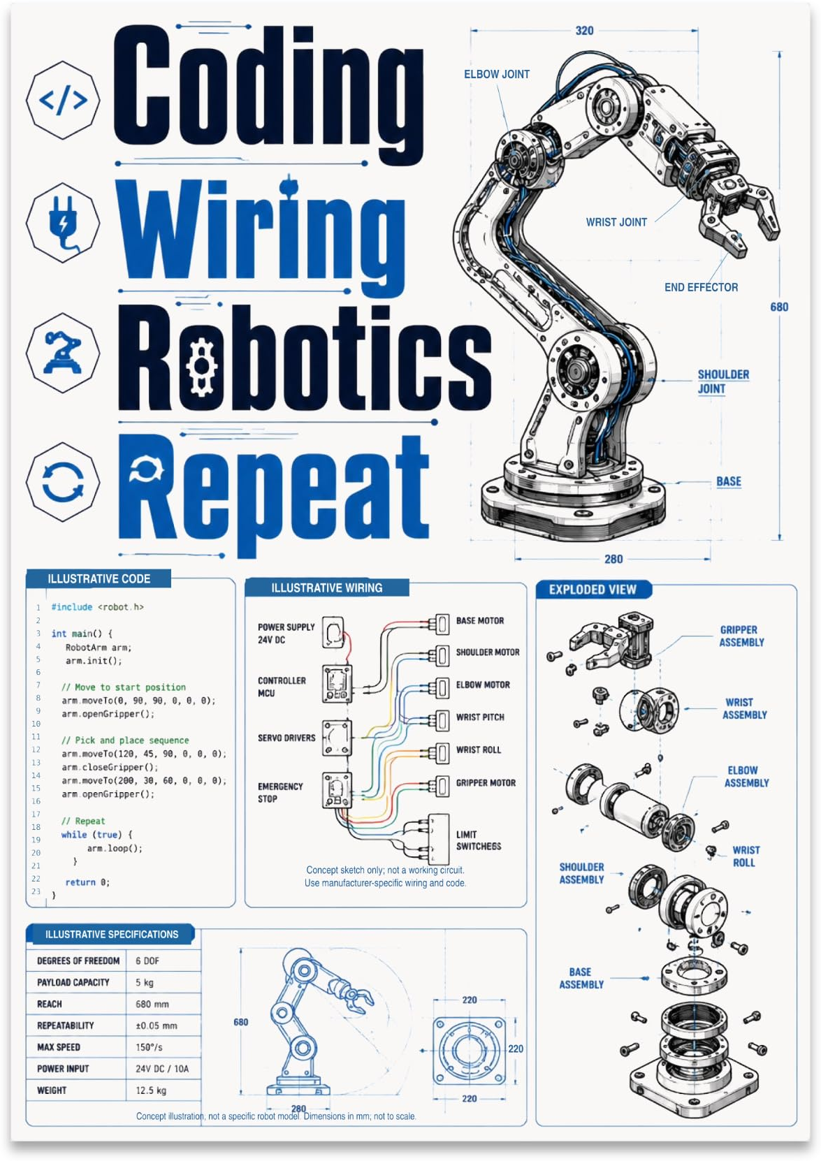 Coding Wiring Robotics Repeat poster with a robotic arm, exploded view, and illustrative wiring and code panels