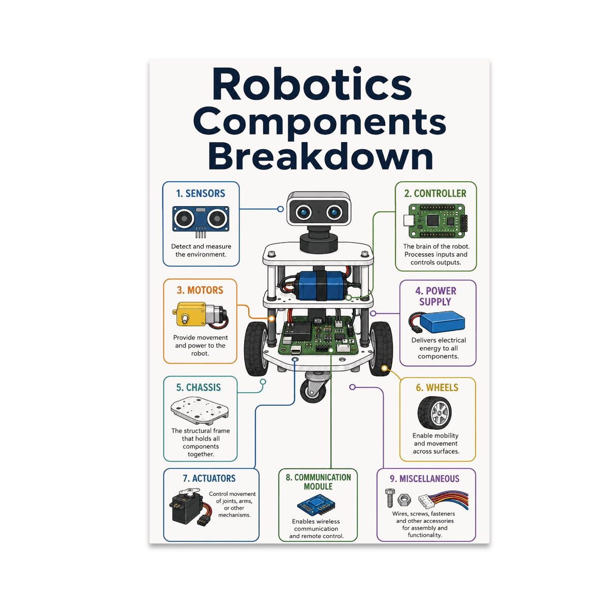 Robotics Components Breakdown poster with a central robot and labeled component panels