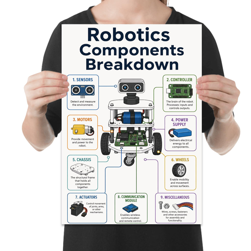 Person holding the robotics components reference poster to show its layout