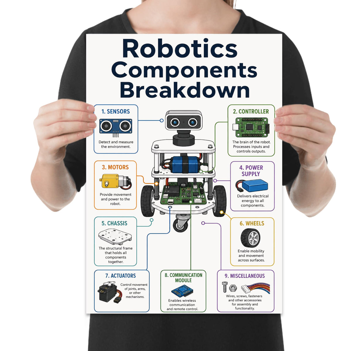 Person holding the robotics components reference poster to show its layout