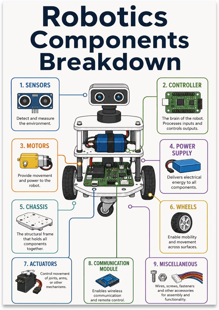 Robotics Components Breakdown poster with a central robot and labeled component panels