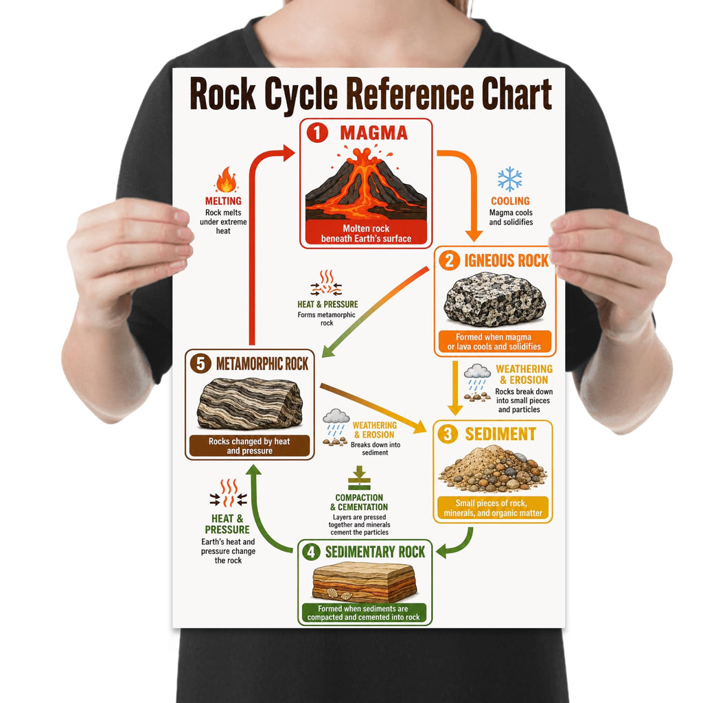 Rock Cycle Reference Chart poster with five numbered stages and arrows linking illustrated rock types shown in a held-poster mockup