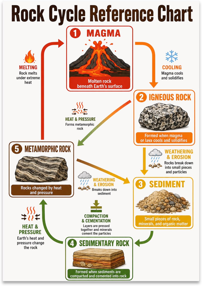 Rock Cycle Reference Chart poster with five numbered stages and arrows linking illustrated rock types