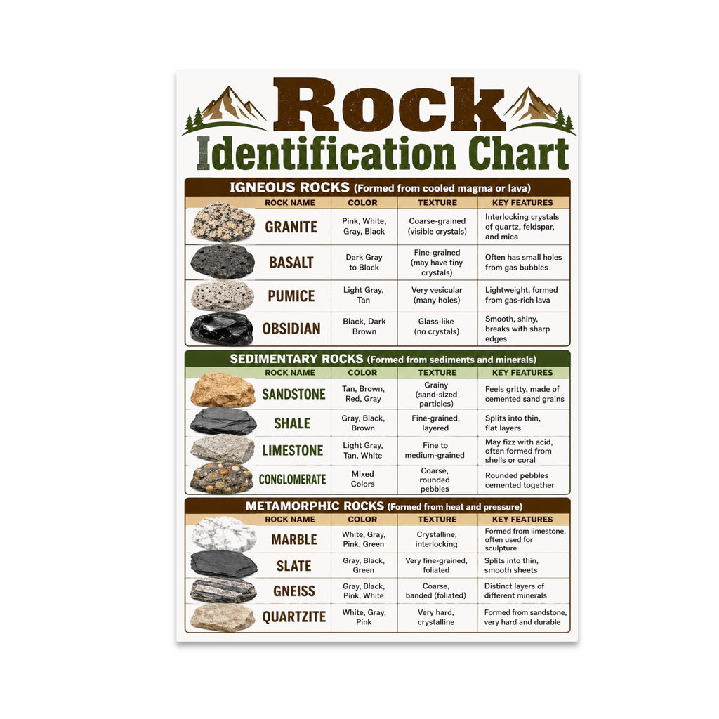 Rock Identification Chart poster with igneous, sedimentary and metamorphic rock examples in a labeled comparison table
