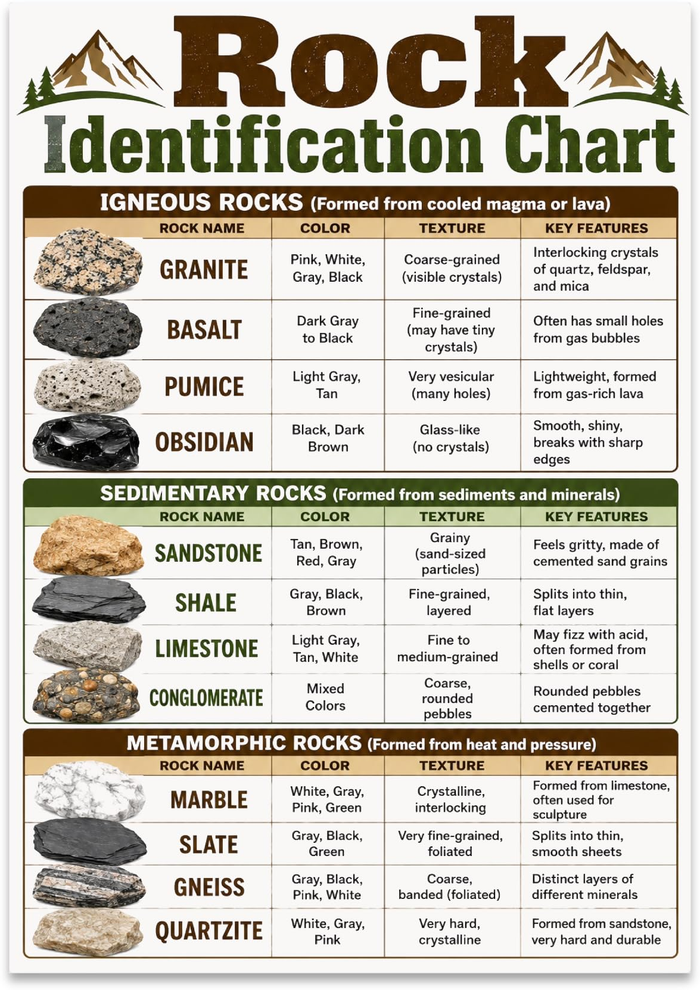 Rock Identification Chart poster with igneous, sedimentary and metamorphic rock examples in a labeled comparison table