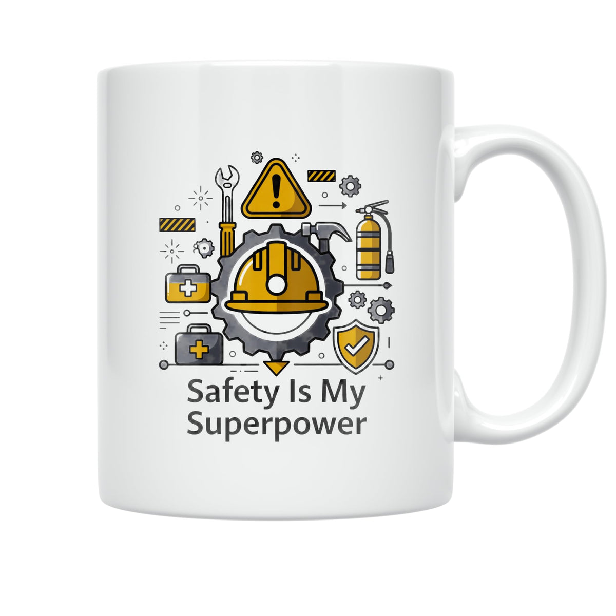 White Safety Is My Superpower mug with yellow hard hat, tools, first-aid boxes and caution symbols shown from the opposite handle side