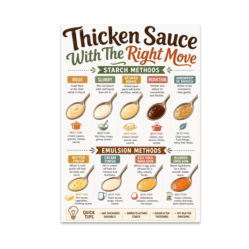 Thicken Sauce With the Right Move poster with illustrated spoons and separated sauce-method panels