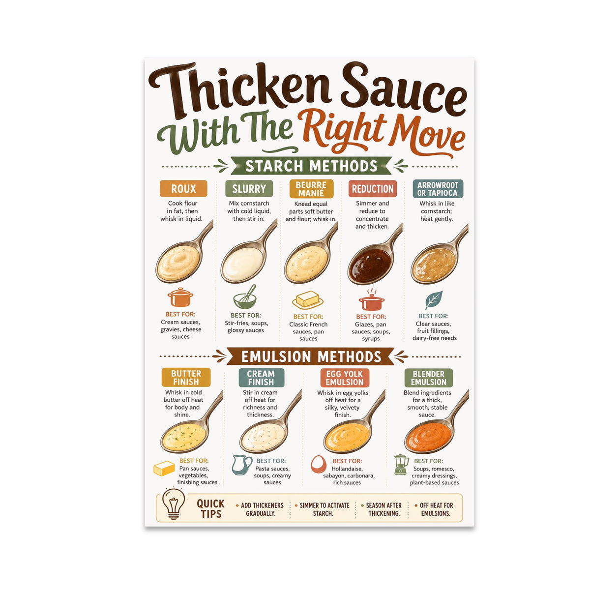 Thicken Sauce With the Right Move poster with illustrated spoons and separated sauce-method panels