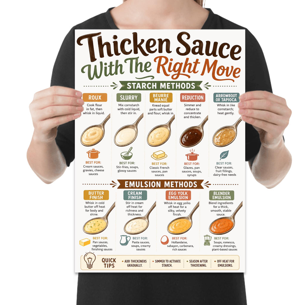 Person holding the sauce thickening methods poster to show its layout